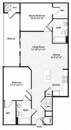 Floor plan for 2 beds, 2 baths, 1053 sqft